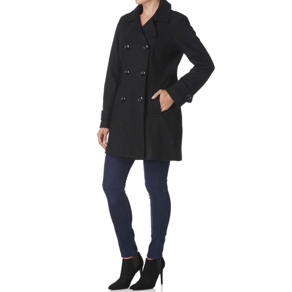 Nine West Women's Coat Size 8 Black Double Breasted Wool Pea Coat Minimalist